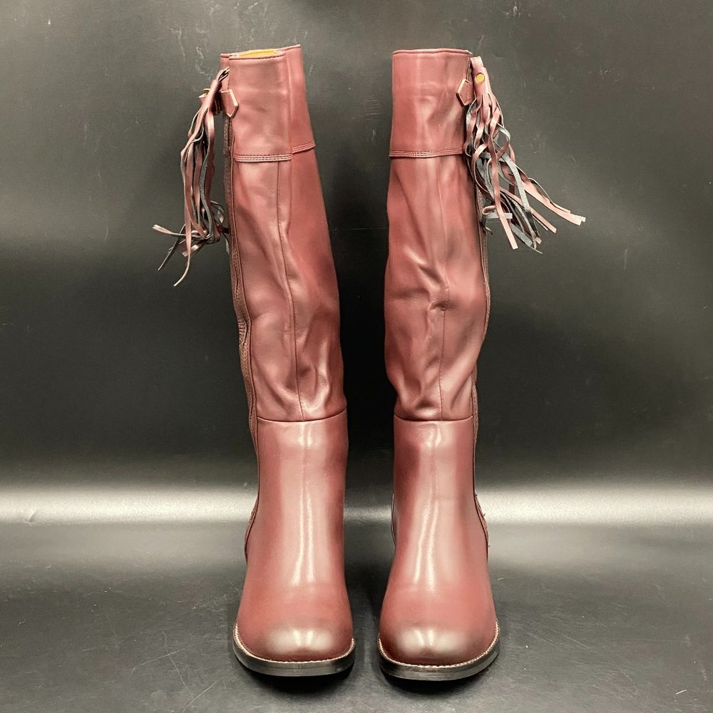 A Red leather almond toe platform low heels over the knee boots booties shoes